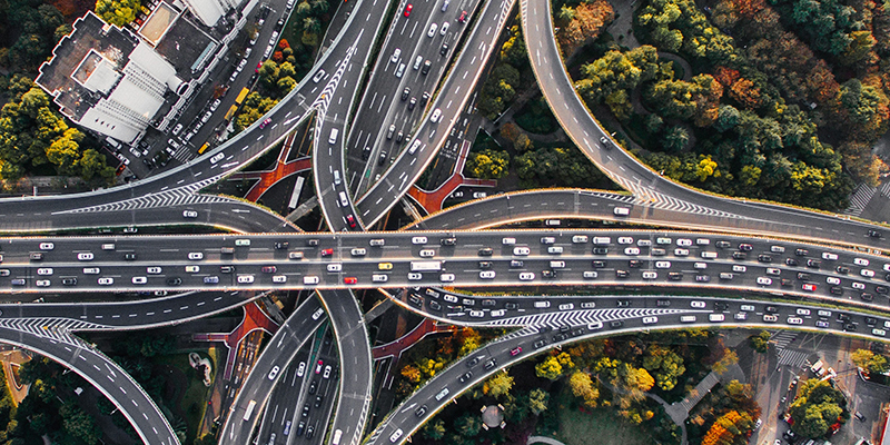 Aerial view of busy motorway network